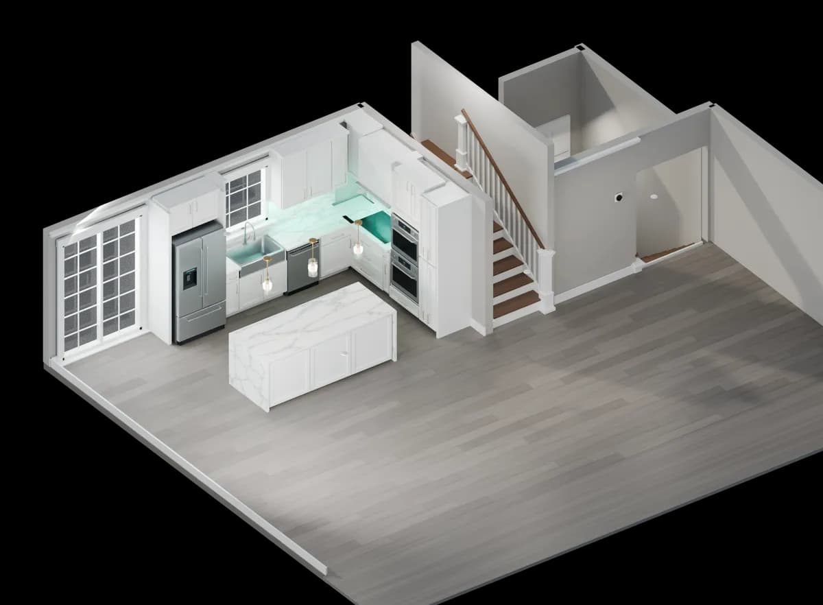 3D cutaway of the white kitchen, waterfall island, and split-level staircase.